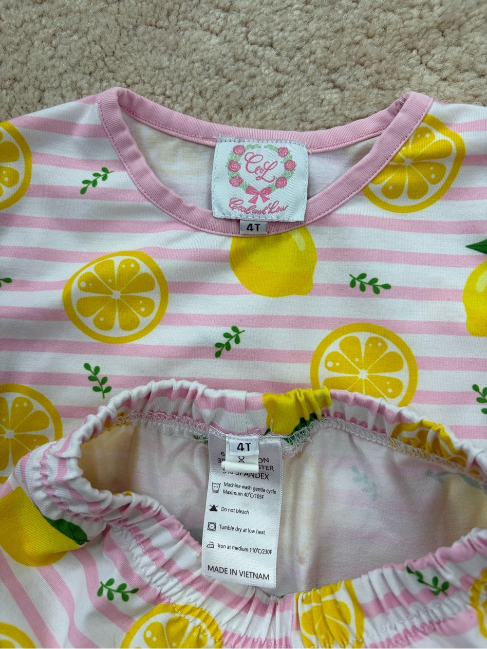 Cecil and Lou Size 4T Lemon Print Striped Two Piece Short Sleeve Pajamas Set - Picture 3 of 7